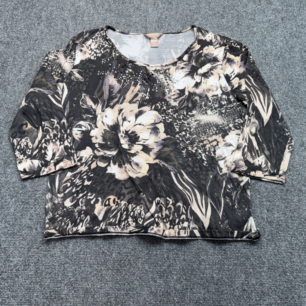 Chico's‎ Floral Animal Print Rhinestone Scoop Neck 3/4 Sleeve Top Size L 12-14